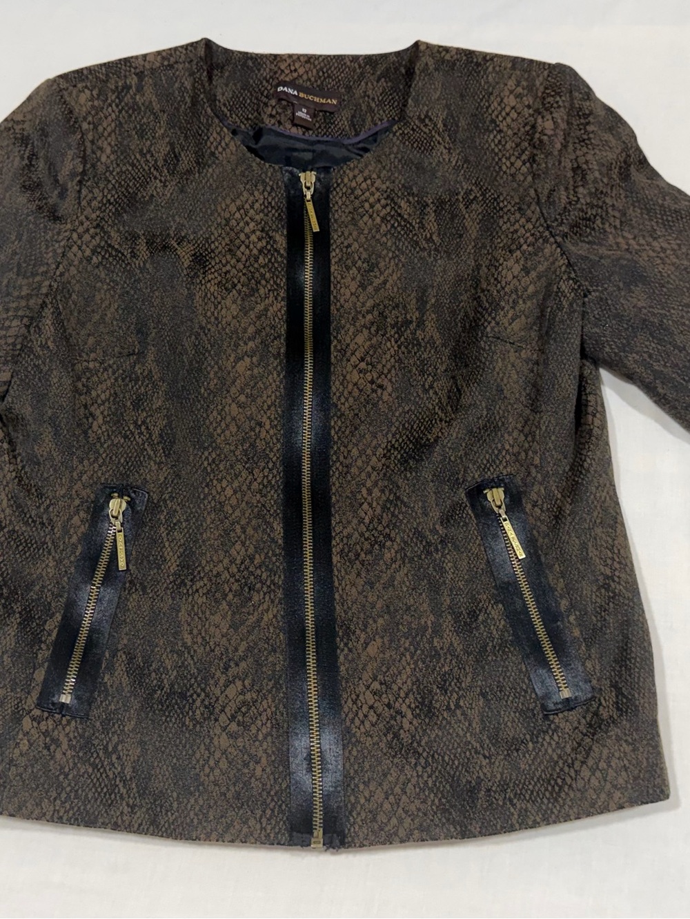 Dana Buchman Snake Print Long Sleeve Jacket Womens Size 12 Pocket Zip Casual NEW